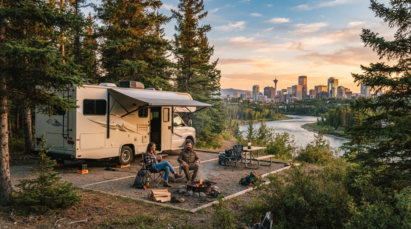 Calgary Roundtrip - South West - Rocky Rails and Trails Journey — campground with a motorhome