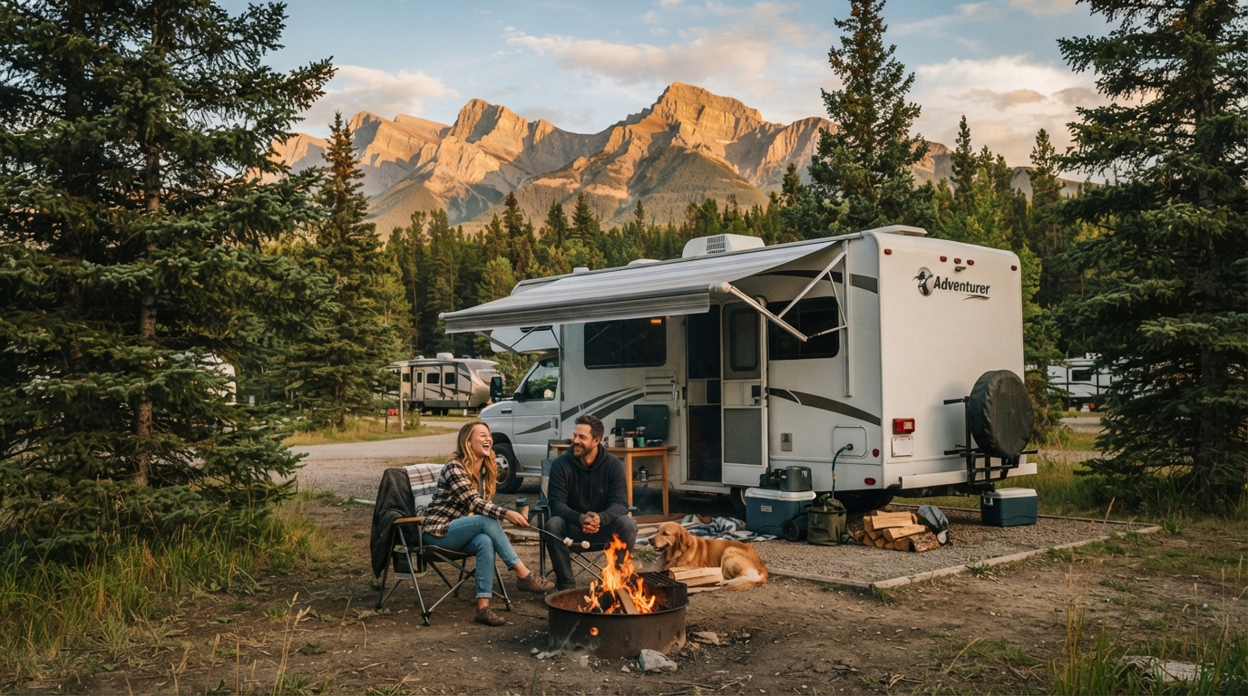 Calgary Roundtrip - Dinosaurs, Dark Skies, and Alpine Glaciers — campground with a motorhome