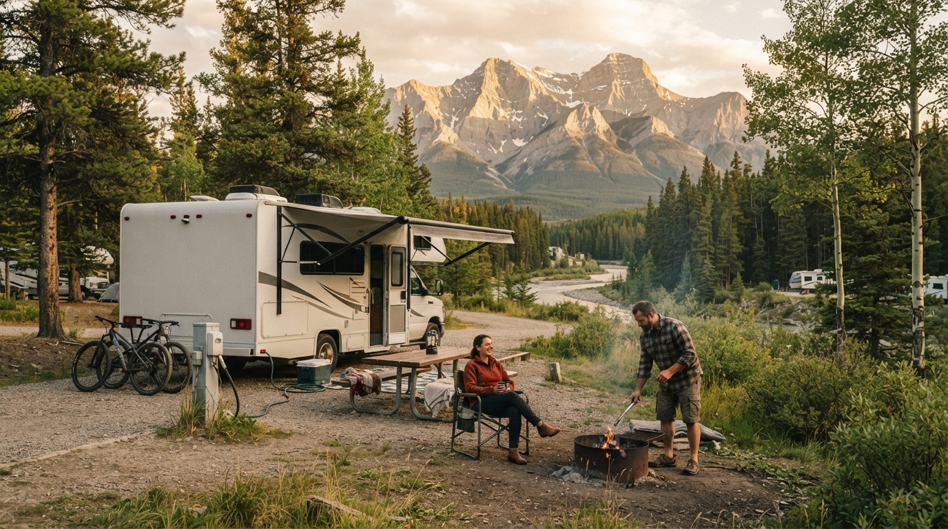 Calgary  Roundtrip -  Rockies Mountains & Saskatchewan — campground with a motorhome