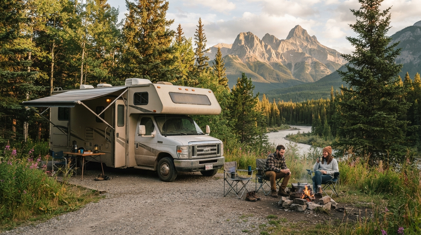 Calgary Roundtrip - Rockies Mountains & Saskatchewan — campground with a motorhome
