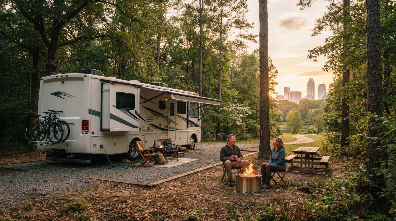 Charlotte to Austin - The Magnolia Trail — campground with a motorhome
