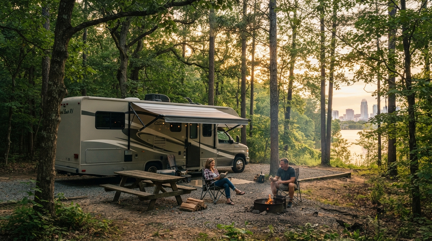 Charlotte Round Trip - Blue Ridge Highway to the Smoky Mountains — campground with a motorhome