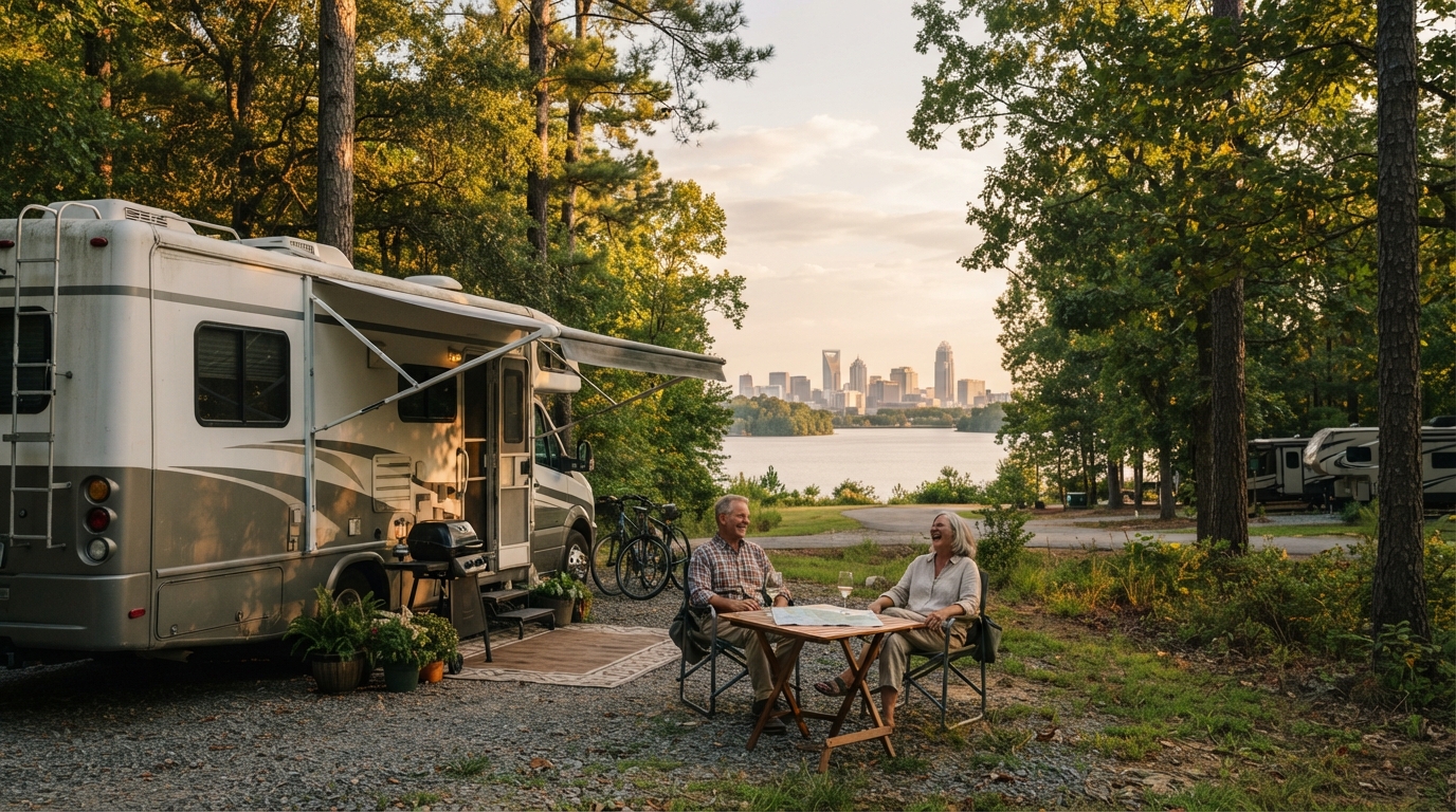 Charlotte to Salt Lake City - Guitars, Geysers, and the Great Plains — campground with a motorhome