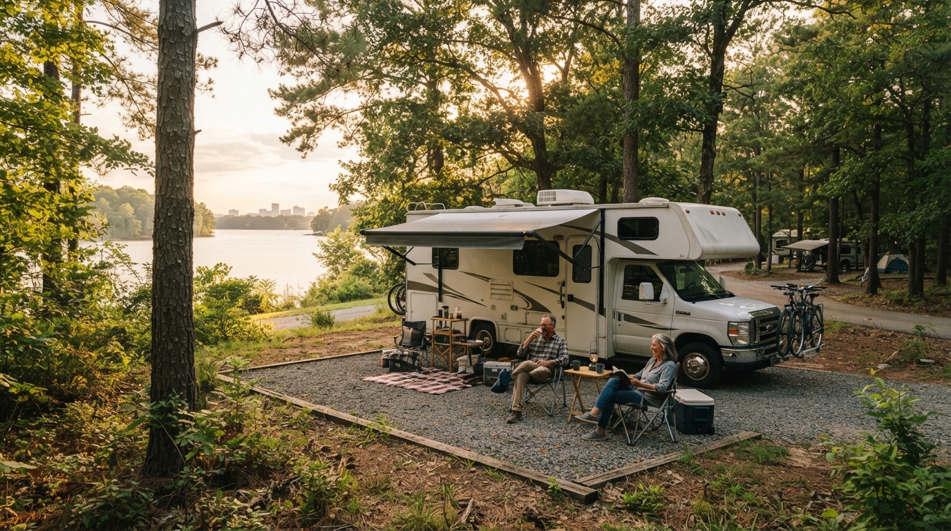 Charlotte to Boston - Blue Ridge Peaks and Boston Cobblestones — campground with a motorhome