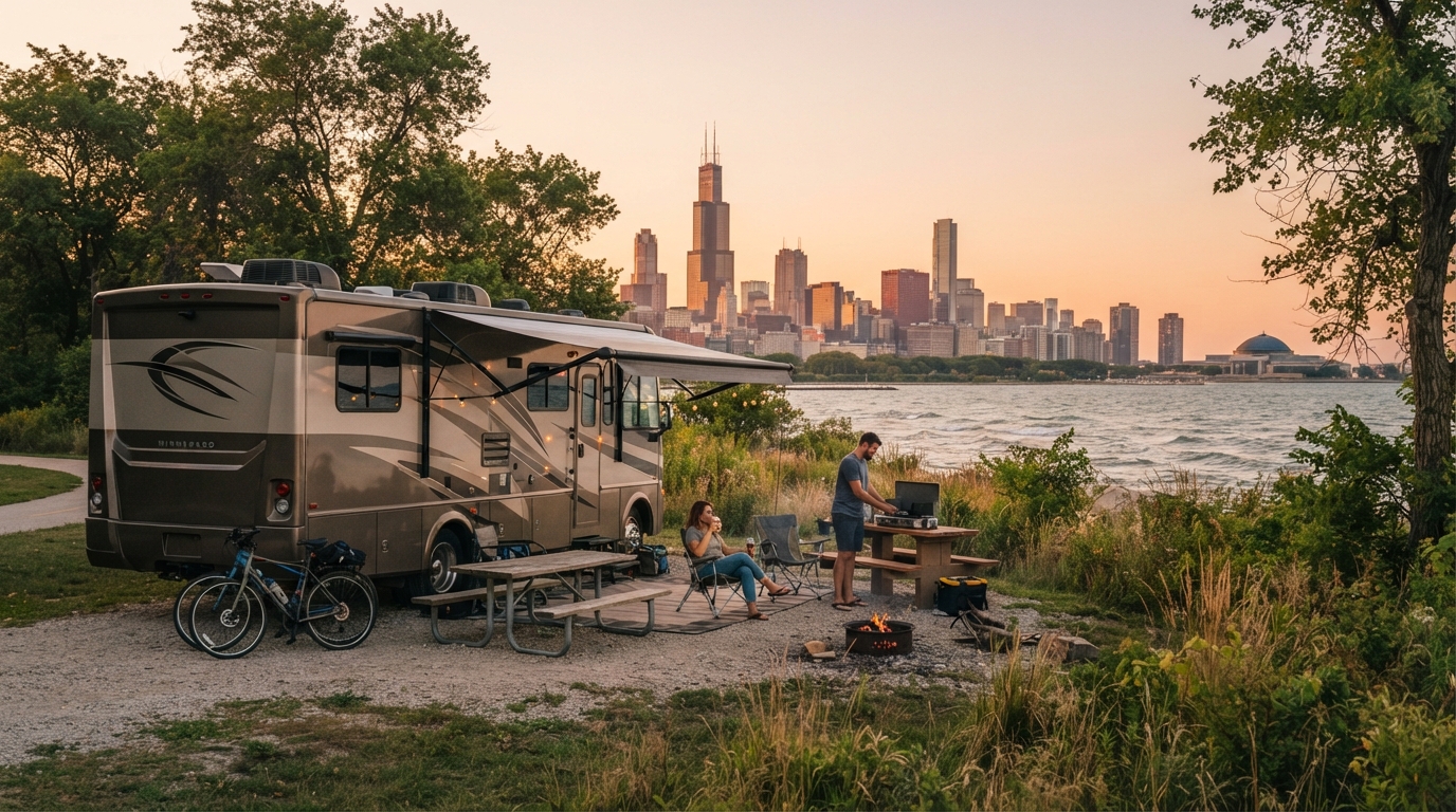 Chicago to Denver - The Canyons & Rockies Adventure Trail — campground with a motorhome
