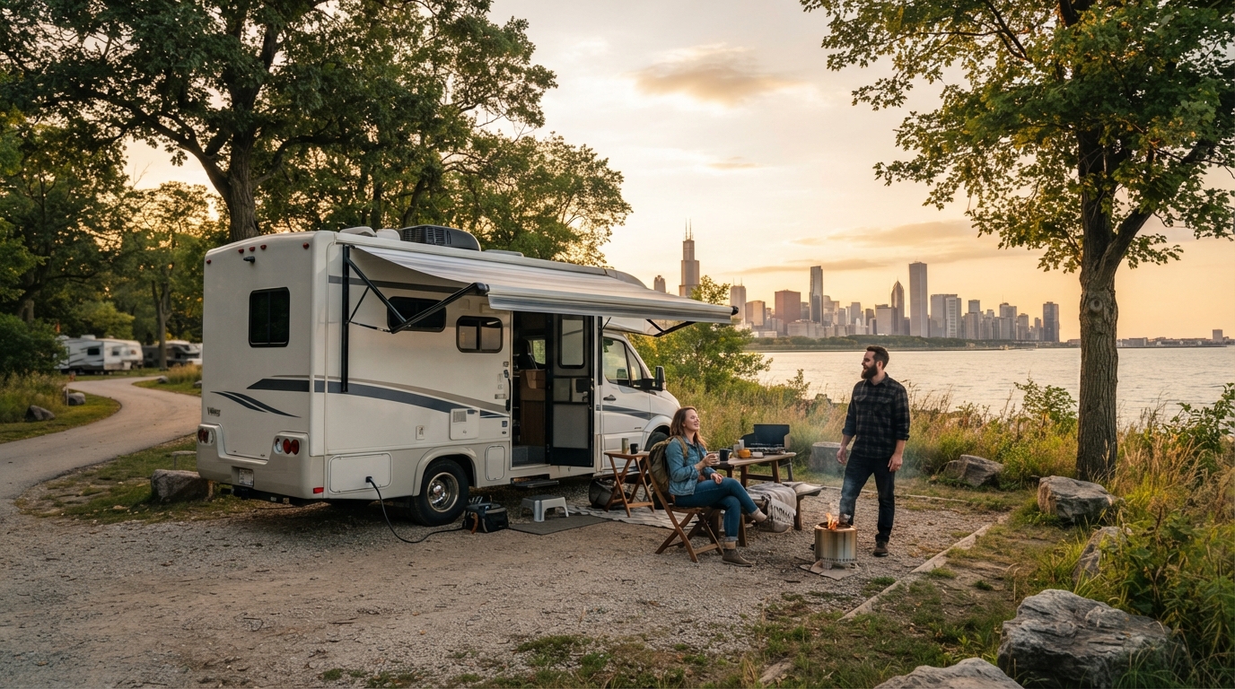 Chicago to San Francisco - via Route 66 & Route 1 — campground with a motorhome