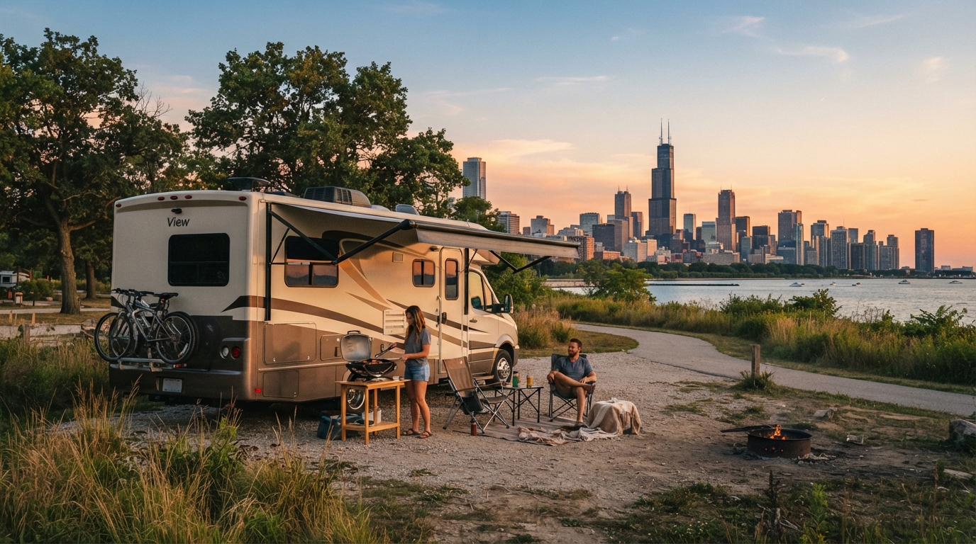 Chicago to Seattle - Following Lewis and Clark Expedition — campground with a motorhome