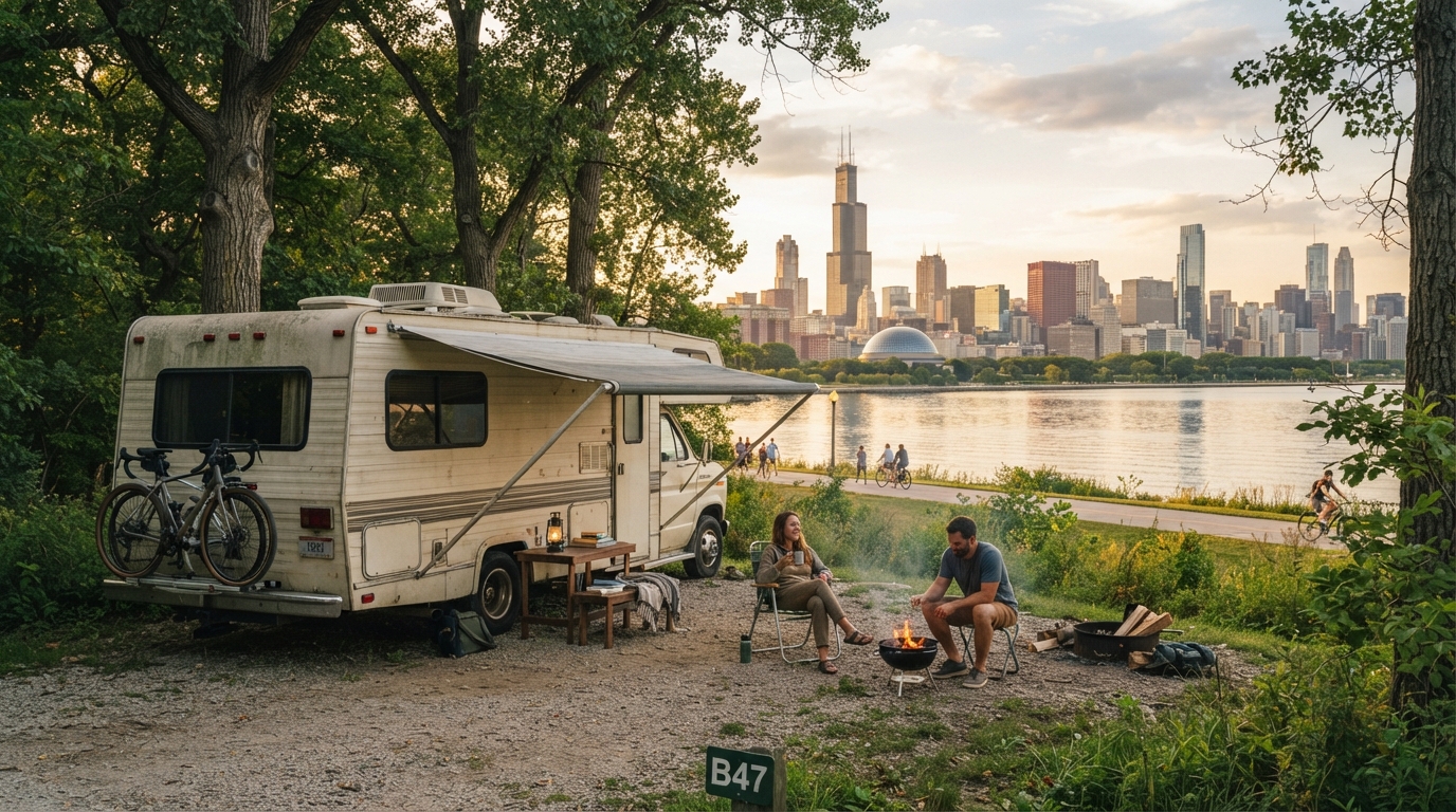 Chicago To New Orleans - 61 Strings: A Musical Motorhome Trip Along the Blues Highway — campground with a motorhome