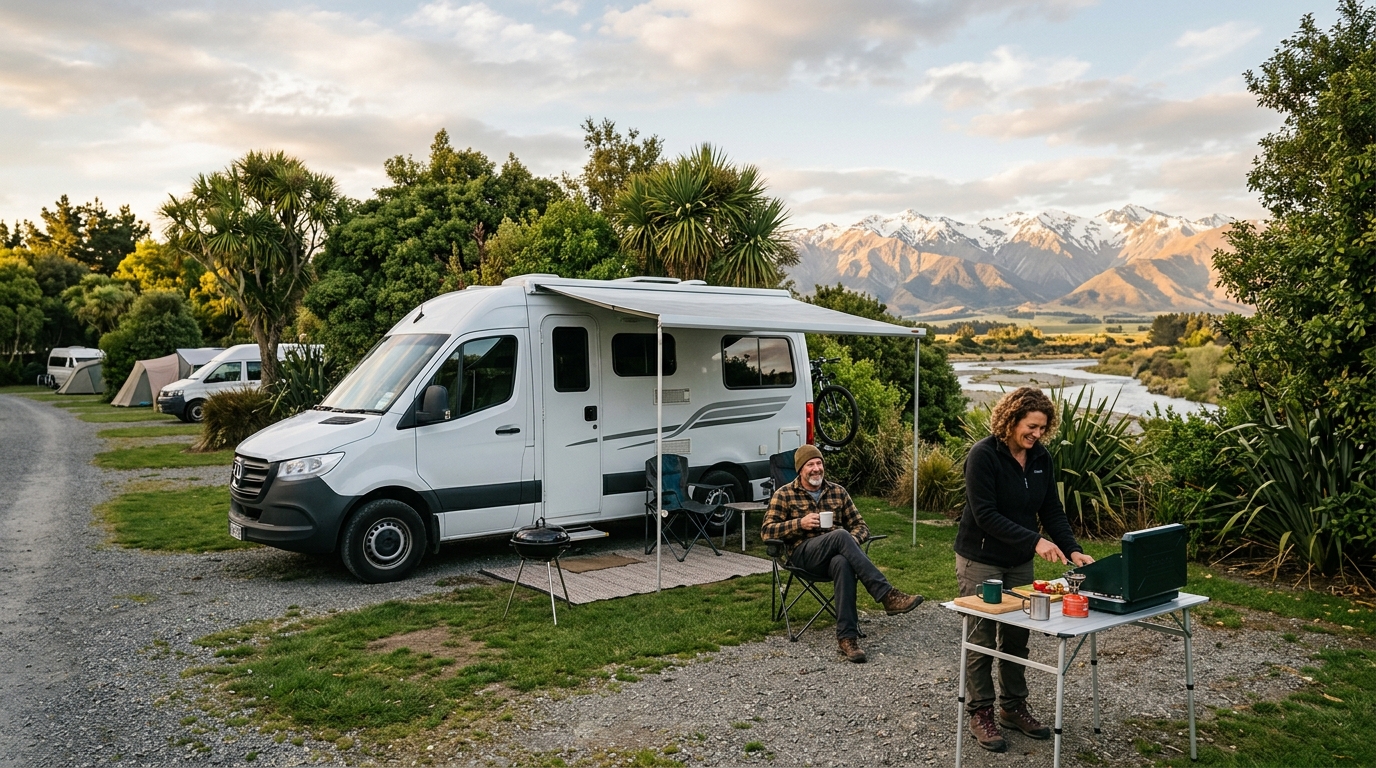Christchurch  Roundtrip - South Island Winter Wonders: RV Road Trip Through New Zealand’s Ski and Spring Highlights — campground with a motorhome