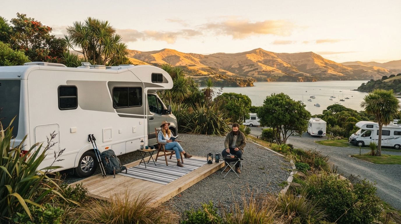 Christchurch Round trip - Lord of the Rings South Island — campground with a motorhome