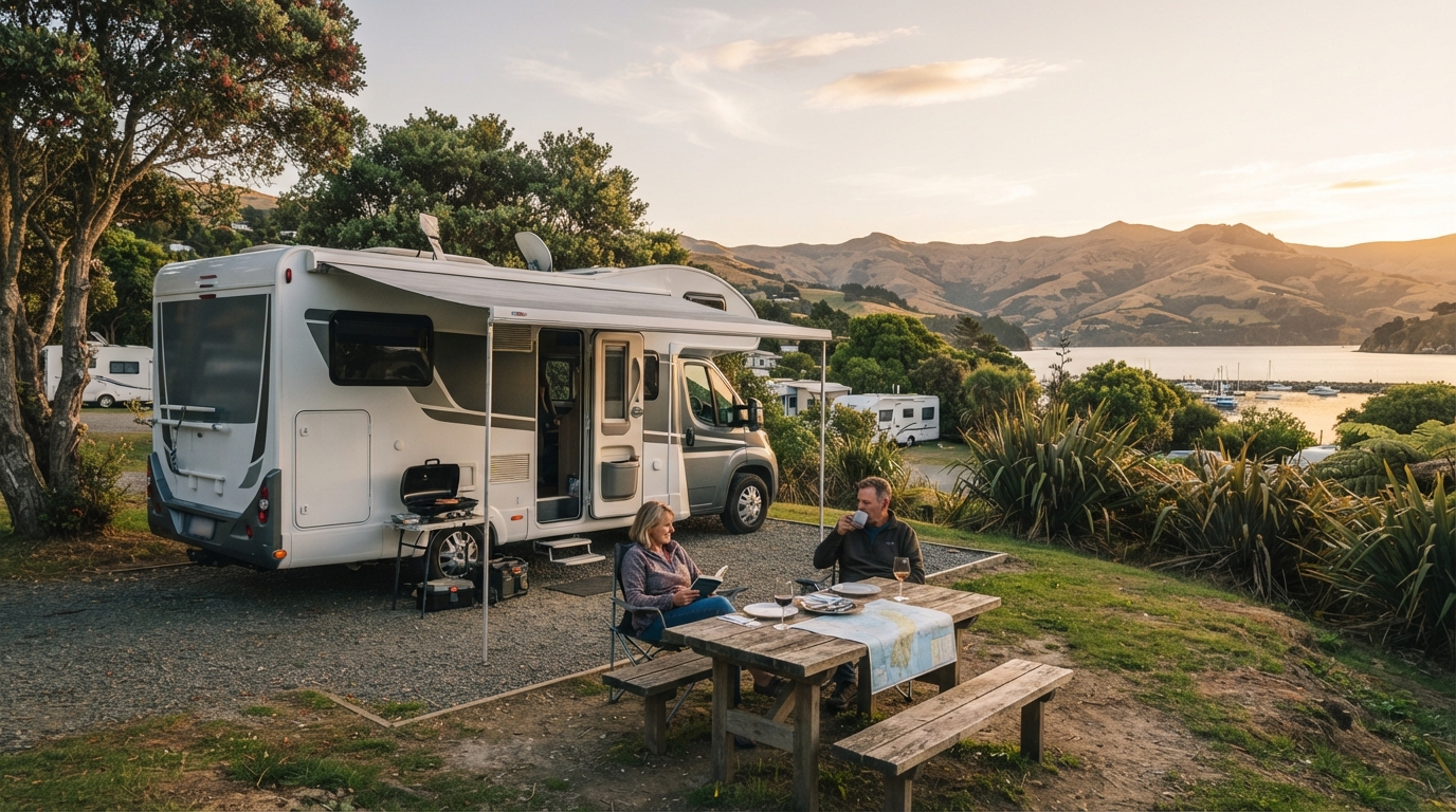 Christchurch Roundtrip - Around the South Island — campground with a motorhome