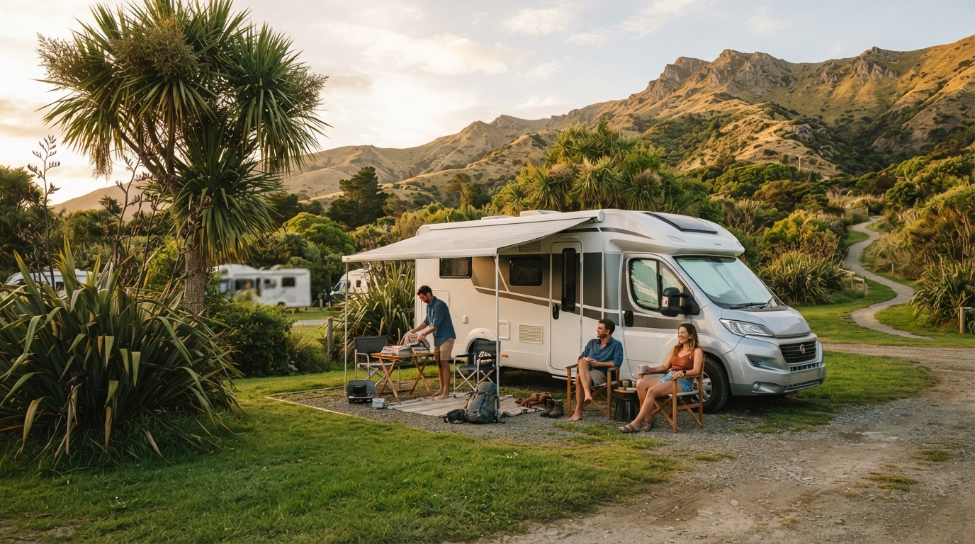 Christchurch Roundtrip - Central and Northern South Island — campground with a motorhome