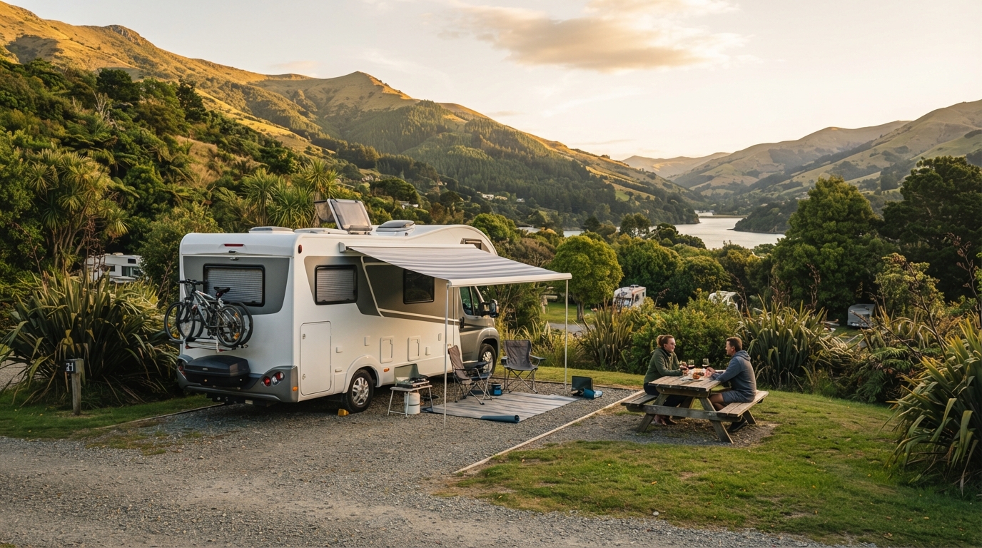 Christchurch Roundtrip - South of the South island — campground with a motorhome