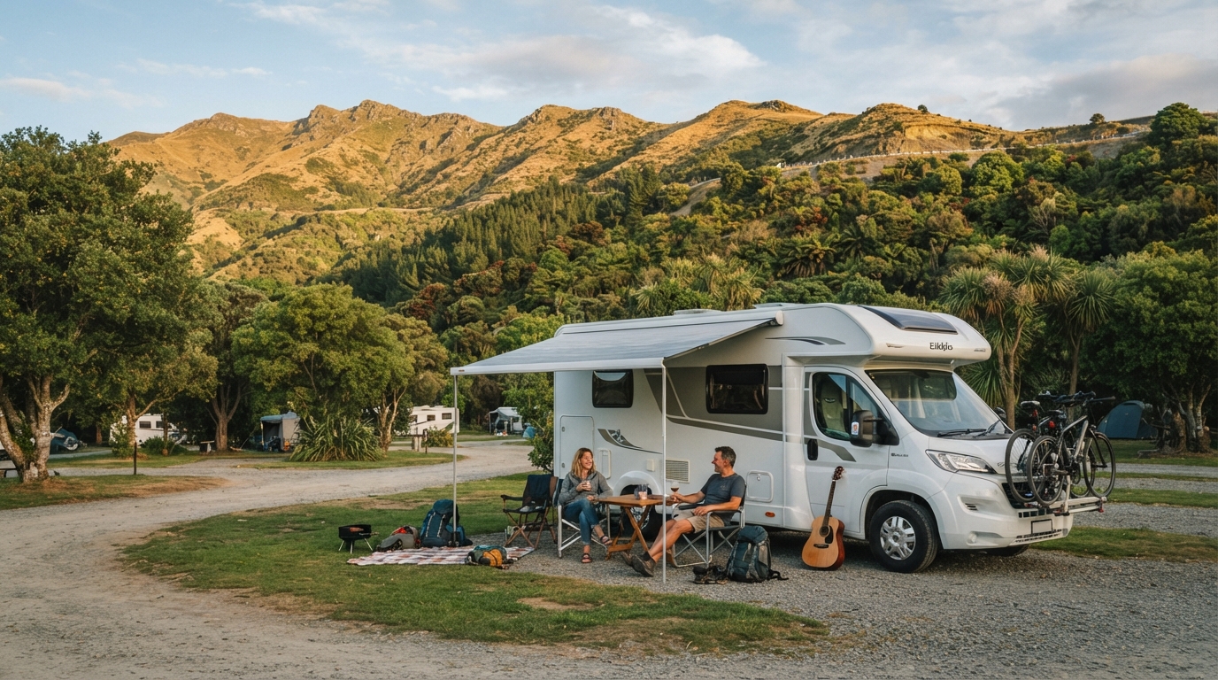 Christchurch Roundtrip - Central of the South Island — campground with a motorhome