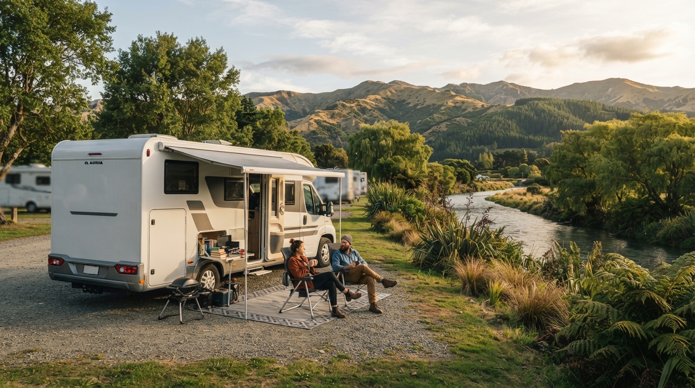 Christchurch Roundtrip - South of the South island — campground with a motorhome