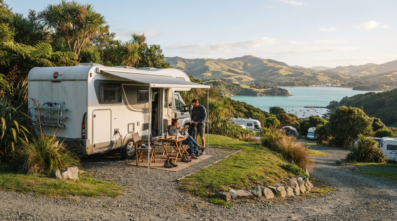 Christchurch to Auckland - Alpine Springs, Interislander, and Geysers — campground with a motorhome