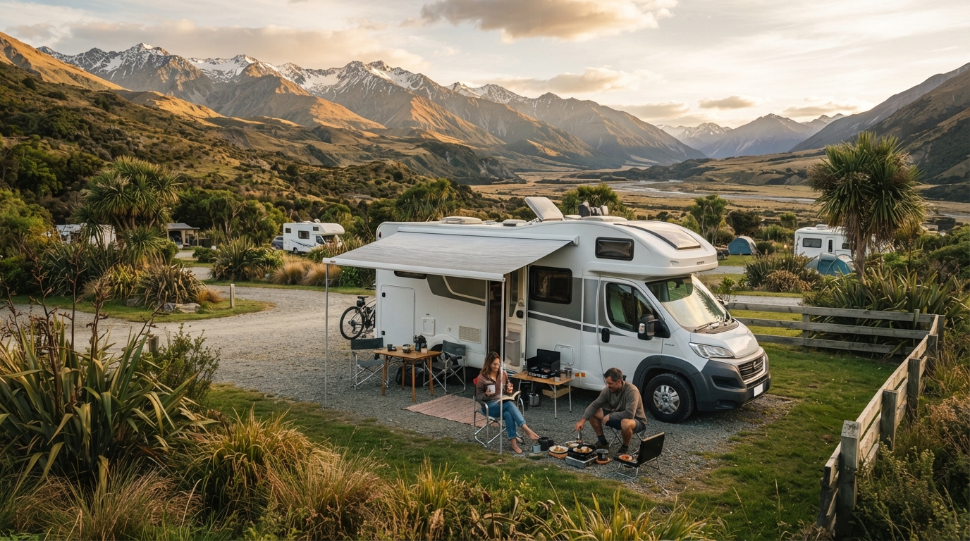 Christchurch to Auckland - Alpine Springs, Interislander, and Geysers — campground with a motorhome