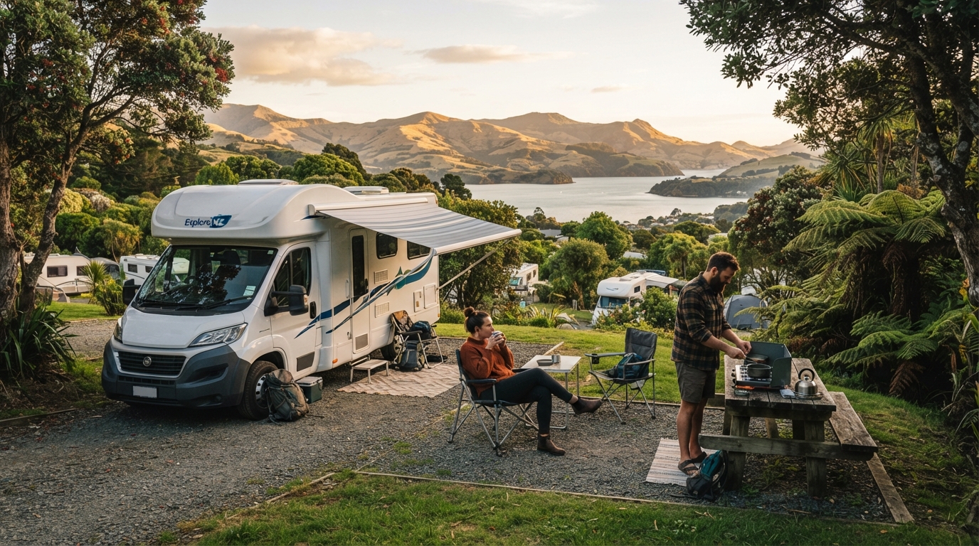 Christchurch Roundtrip - Central and Northern South Island — campground with a motorhome