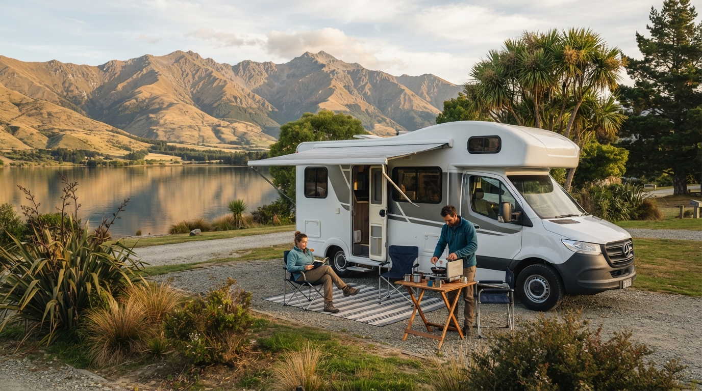 Christchurch Roundtrip - South Island Winter Wonders: RV Road Trip Through New Zealand’s Ski and Spring Highlights — campground with a motorhome