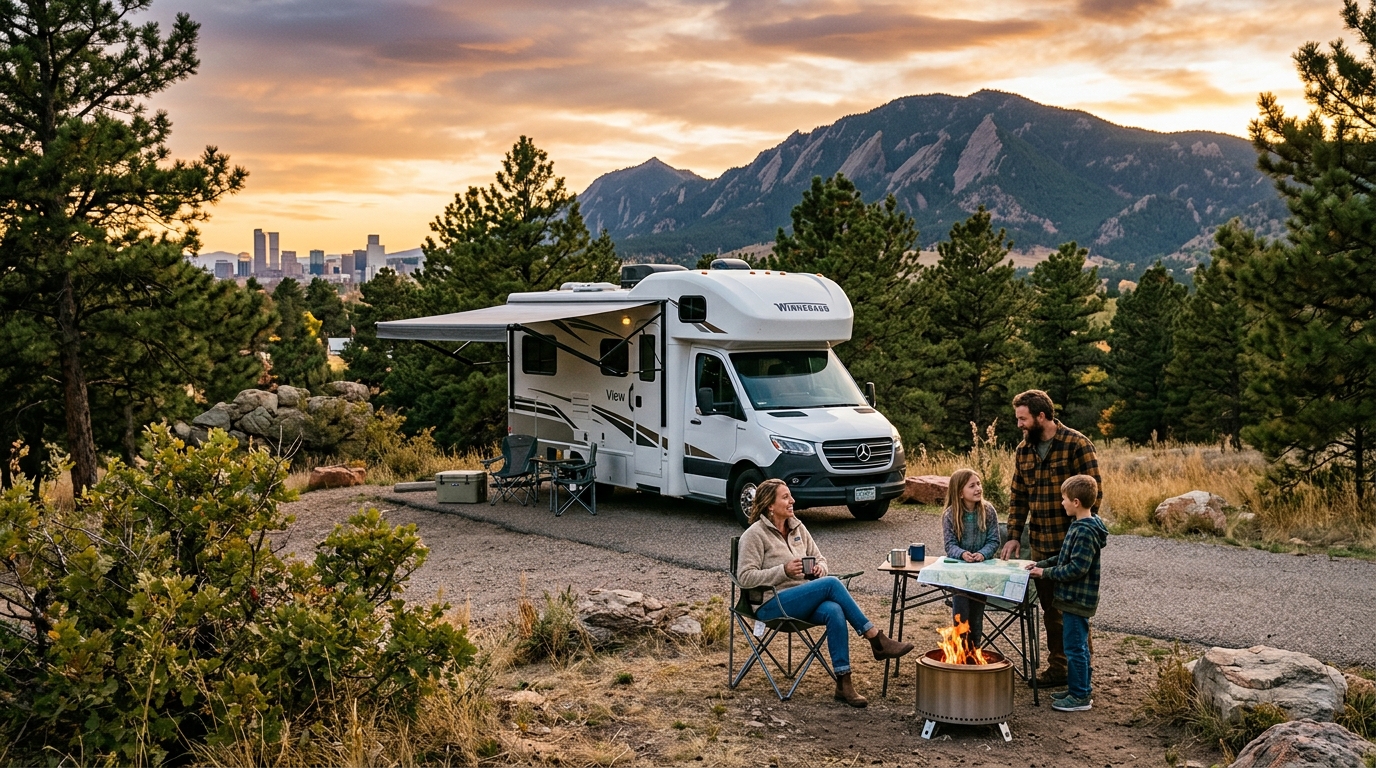 Denver to Los Angeles - Including The Canadian Rocky Mountains — campground with a motorhome