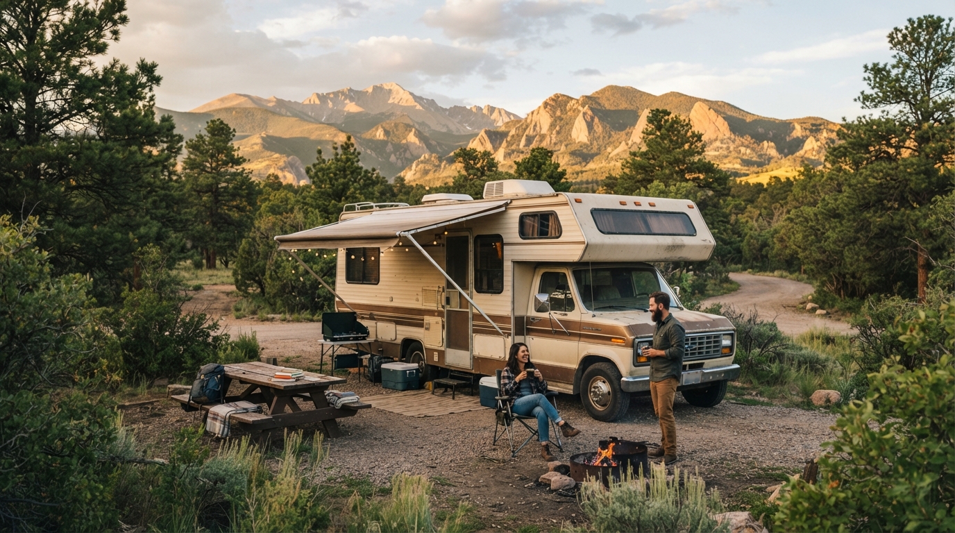 Denver to San Francisco - Following the California trail Rush to Gold — campground with a motorhome