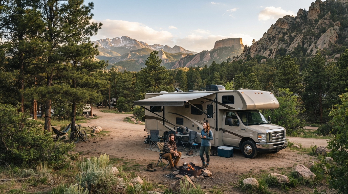 Denver to Albuquerque - Million Dollar Hwy (San Juan Skyway Scenic hyway) — campground with a motorhome
