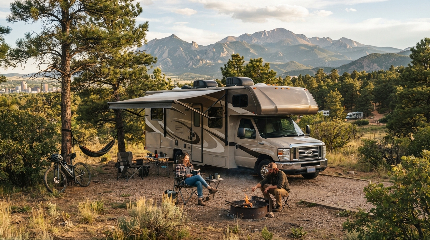 Denver to Seattle - Mountains, Parks & Culture: Family RV Road Trip — campground with a motorhome