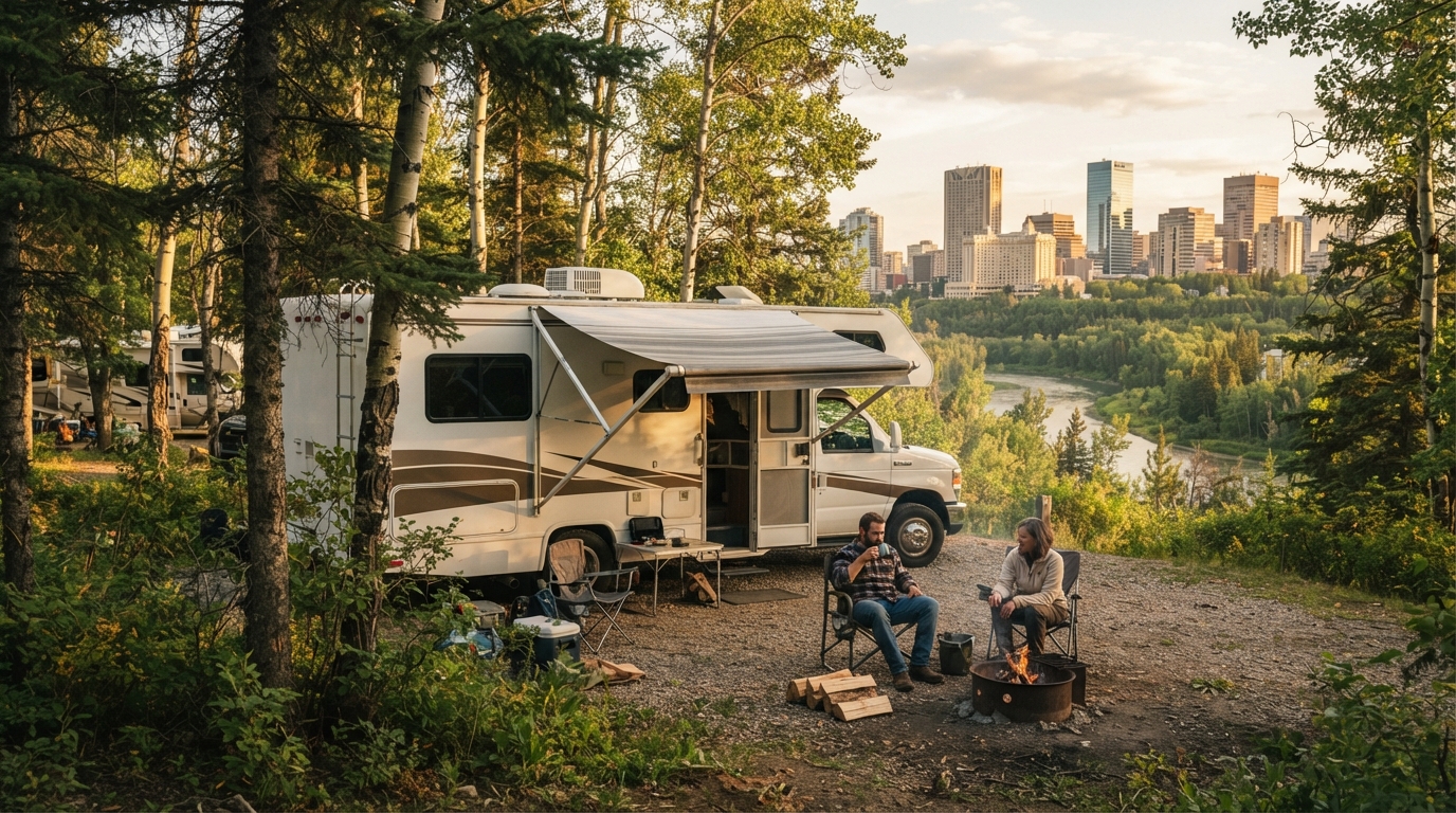 Edmonton to Vancouver - Canadian Rockies & BC — campground with a motorhome