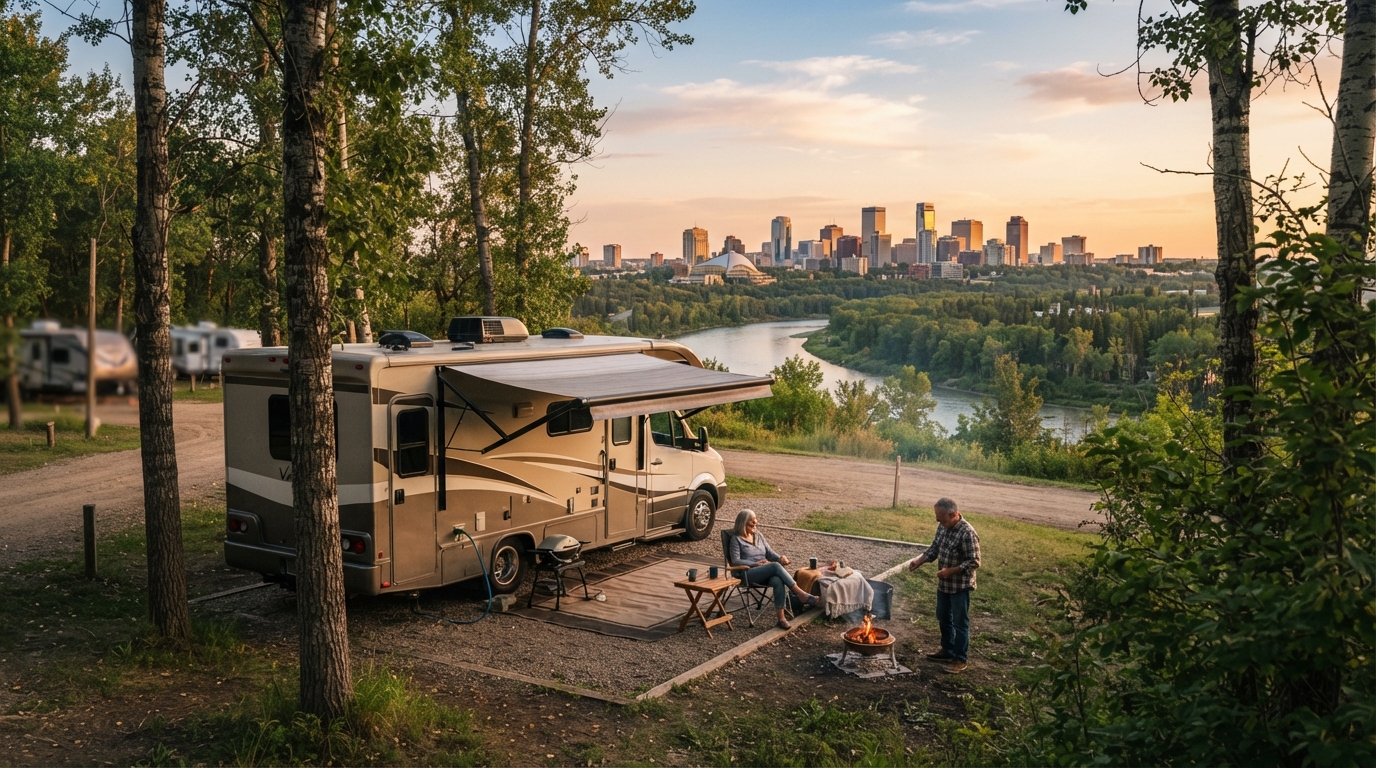 Edmonton Roundtrip - Rockies Mountains and Canada badlands — campground with a motorhome
