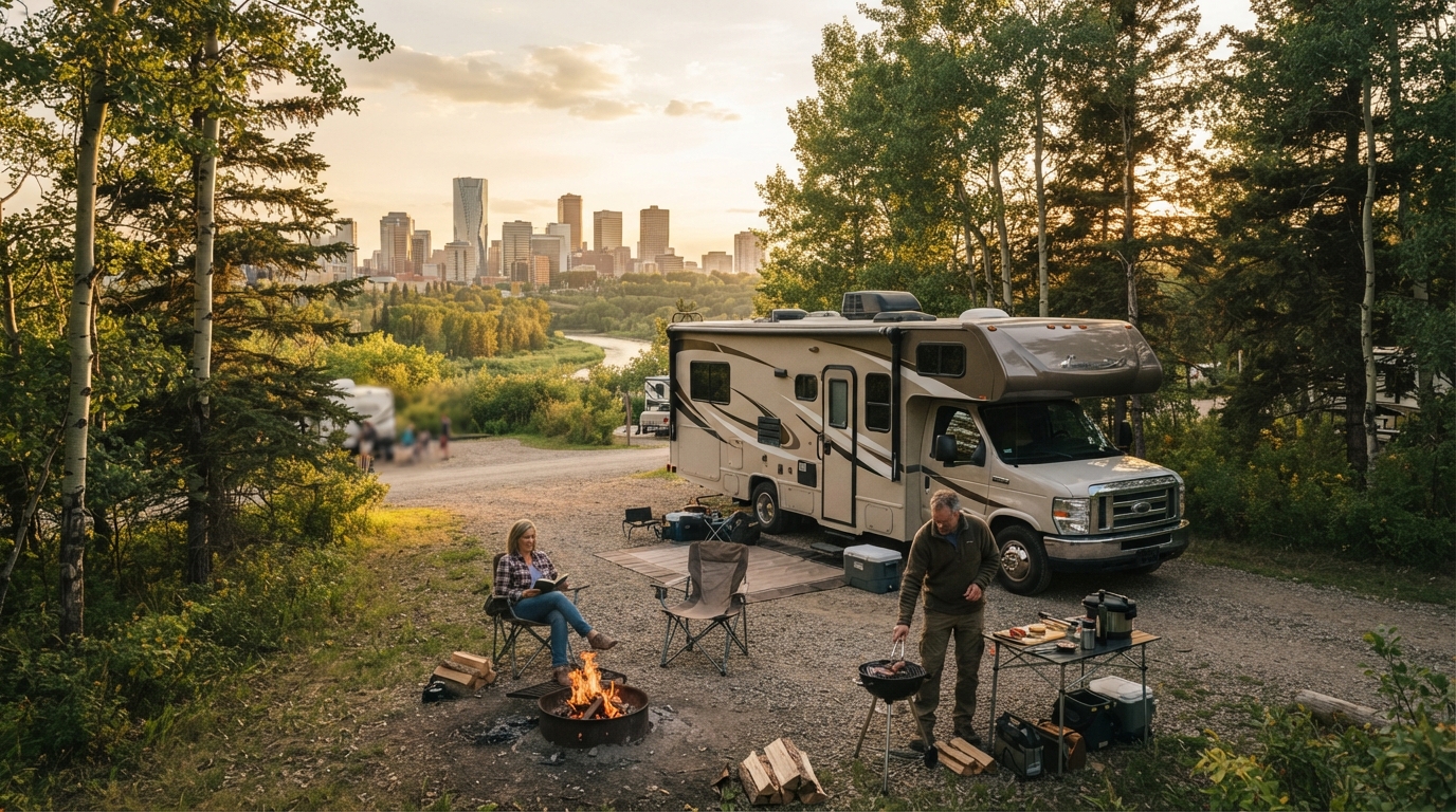 Edmonton Roundtrip - Rockies Mountains — campground with a motorhome