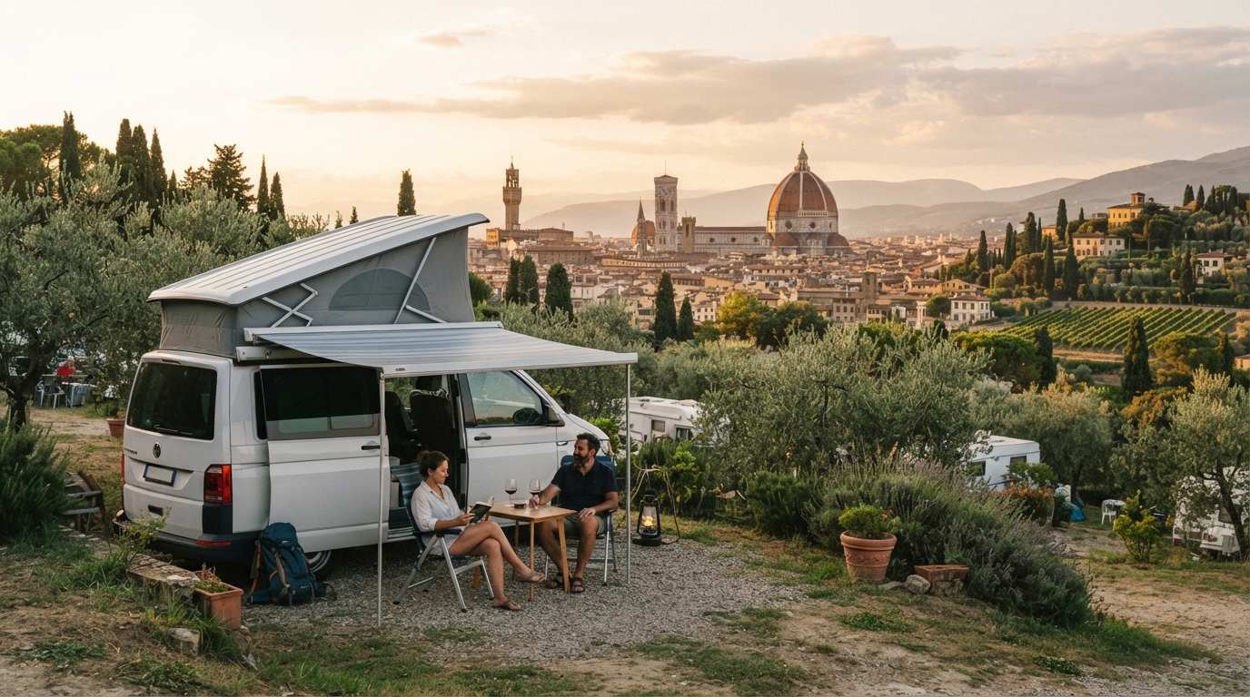 Florence Round Trip - Tuscan Valleys and the Riviera — campground with a motorhome