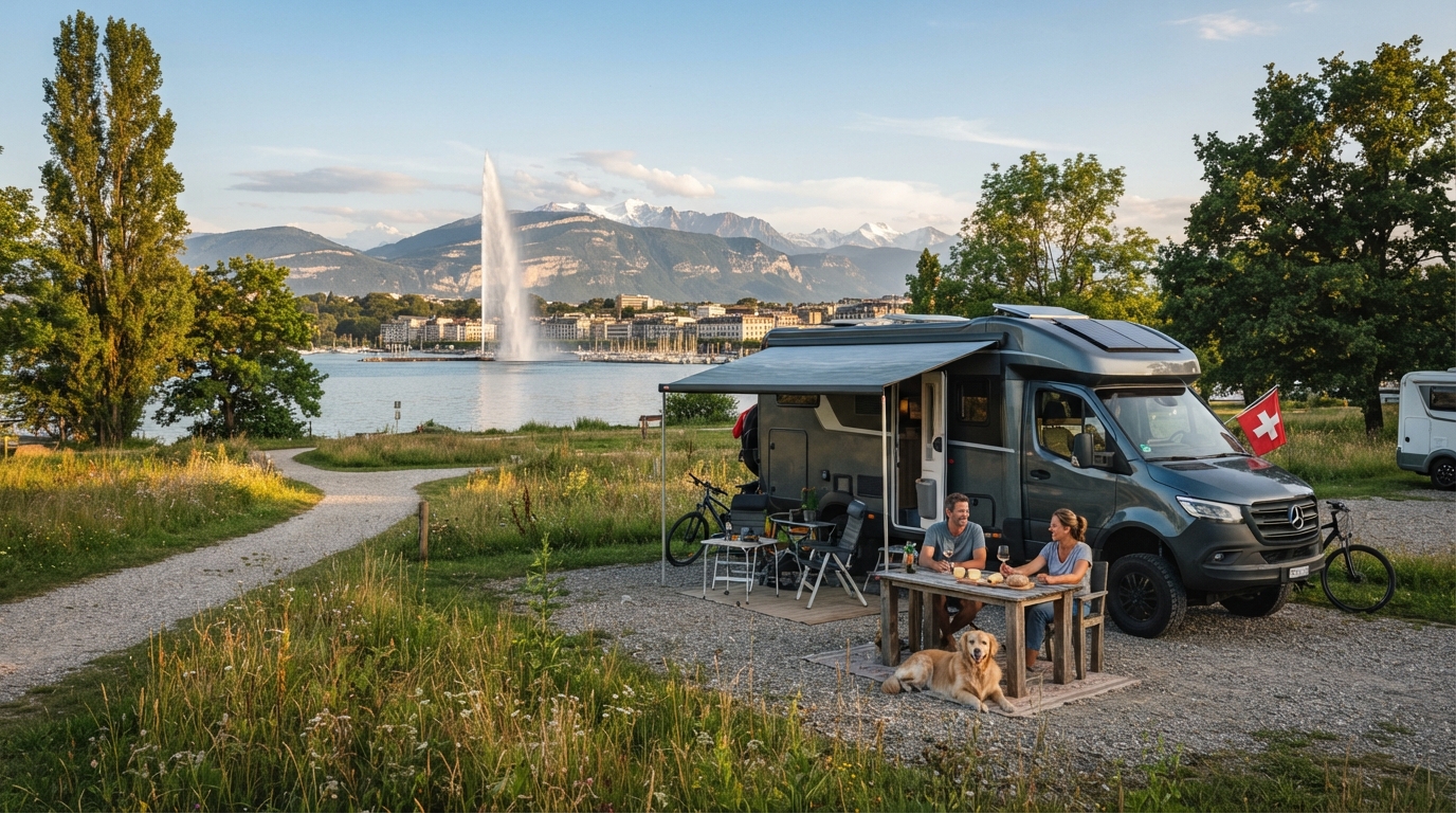 Geneva roundtrip - Alpine Dreams Adventure — campground with a motorhome