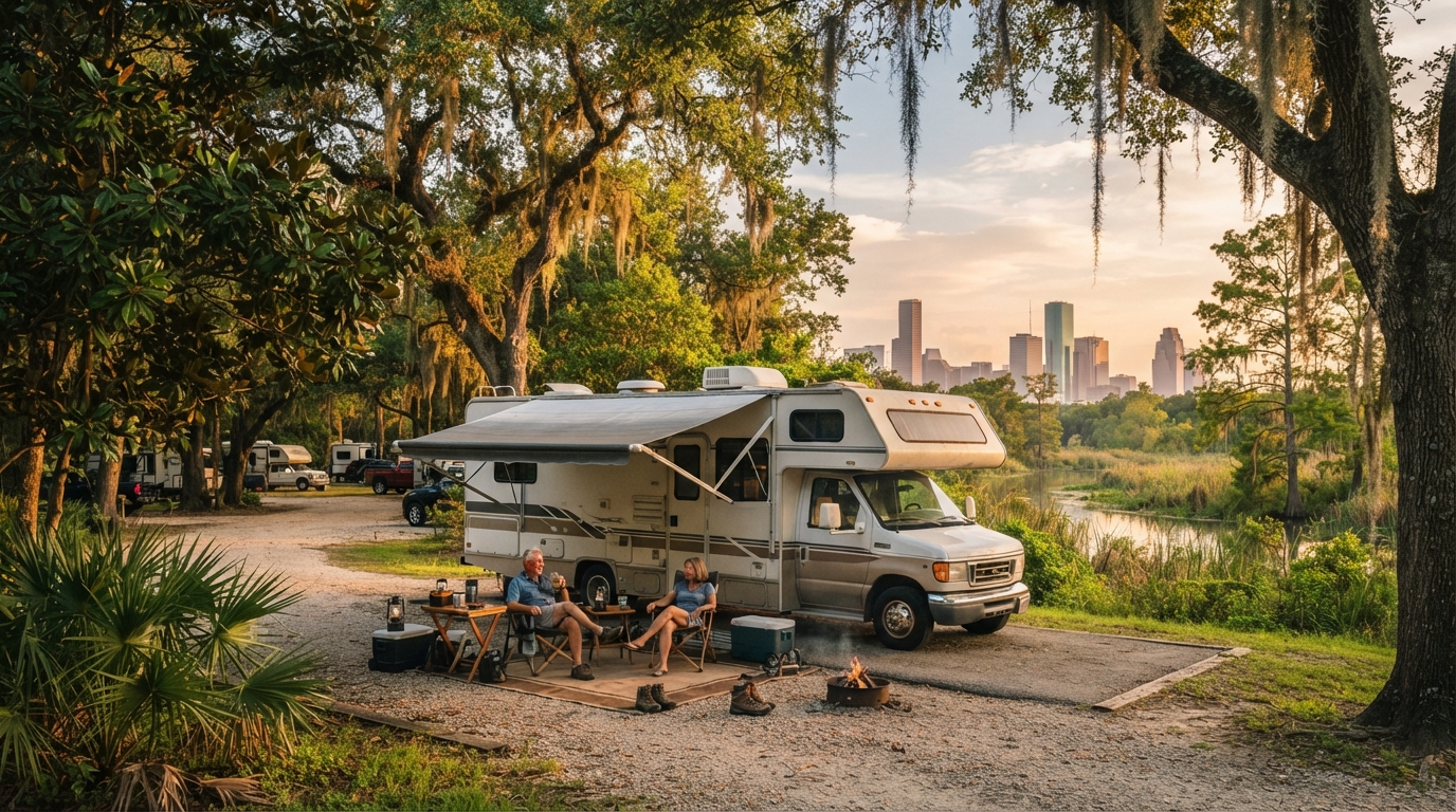 Houston to Atlanta - Bayous Safaris and The Big Easy — campground with a motorhome