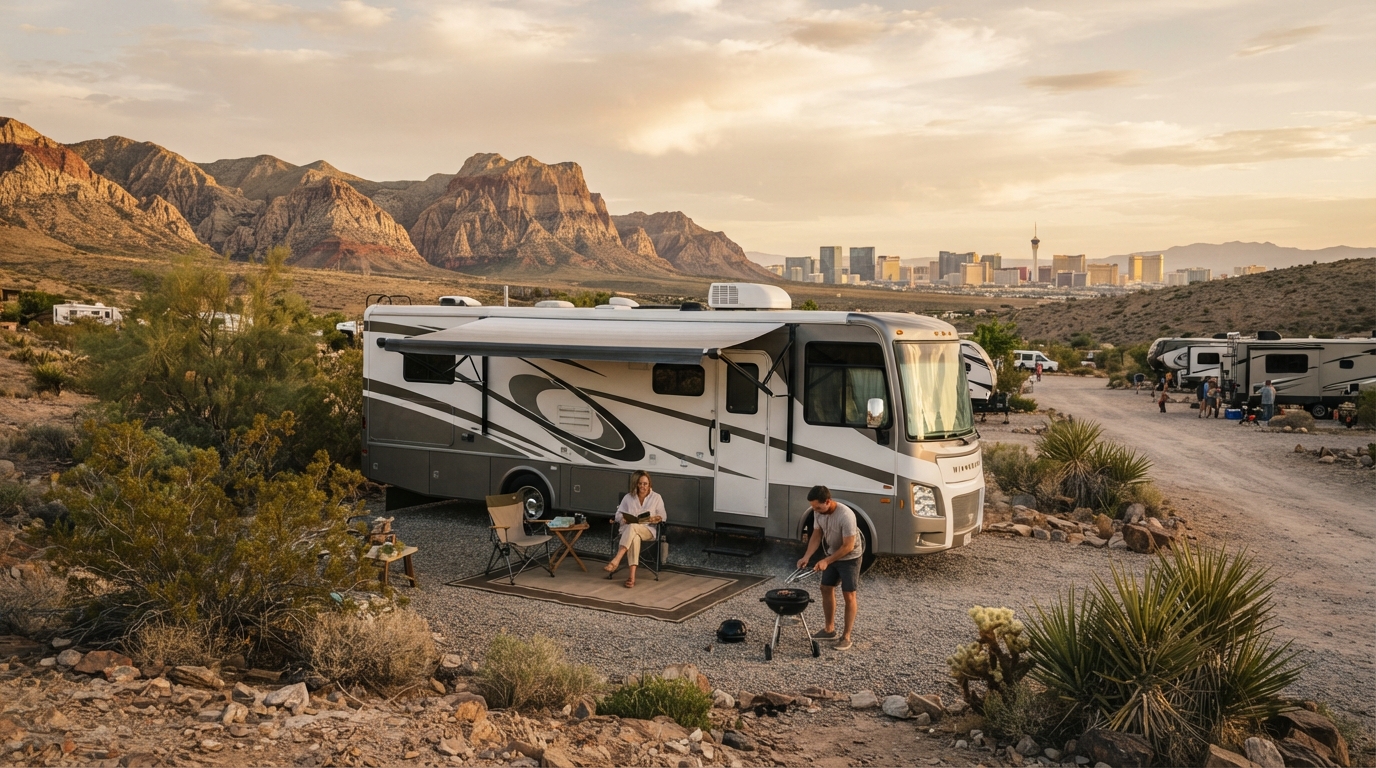Las Vegas Round  Trip - North - Desert Discoveries: Las Vegas to Scenic Wonders — campground with a motorhome