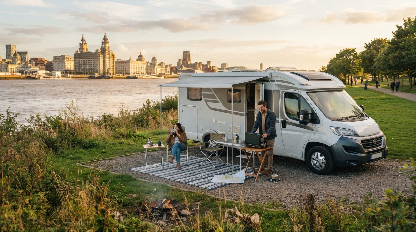 Liverpool Roundtrip - Ultimate British Family Road Trip — campground with a motorhome