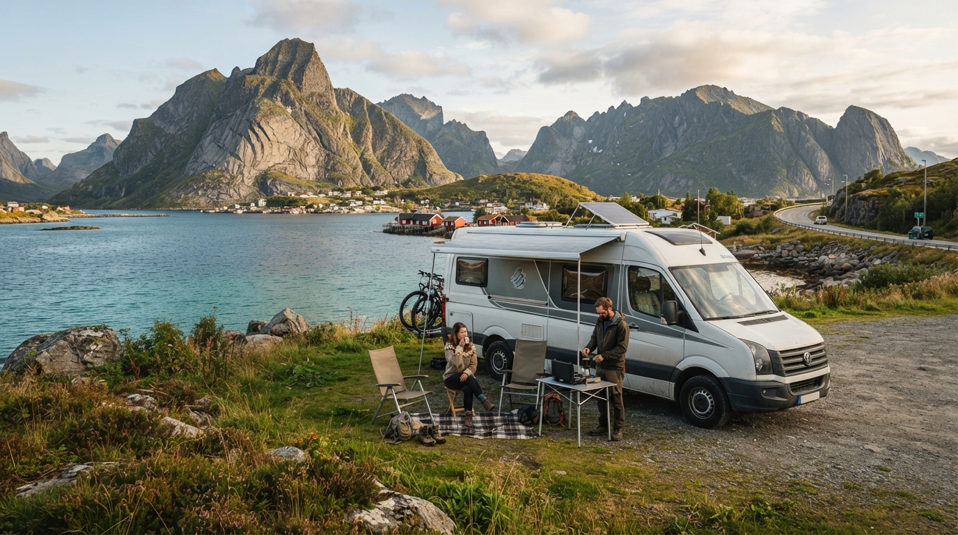 Lofoten Round trip - Echoes of the Vikings — campground with a motorhome