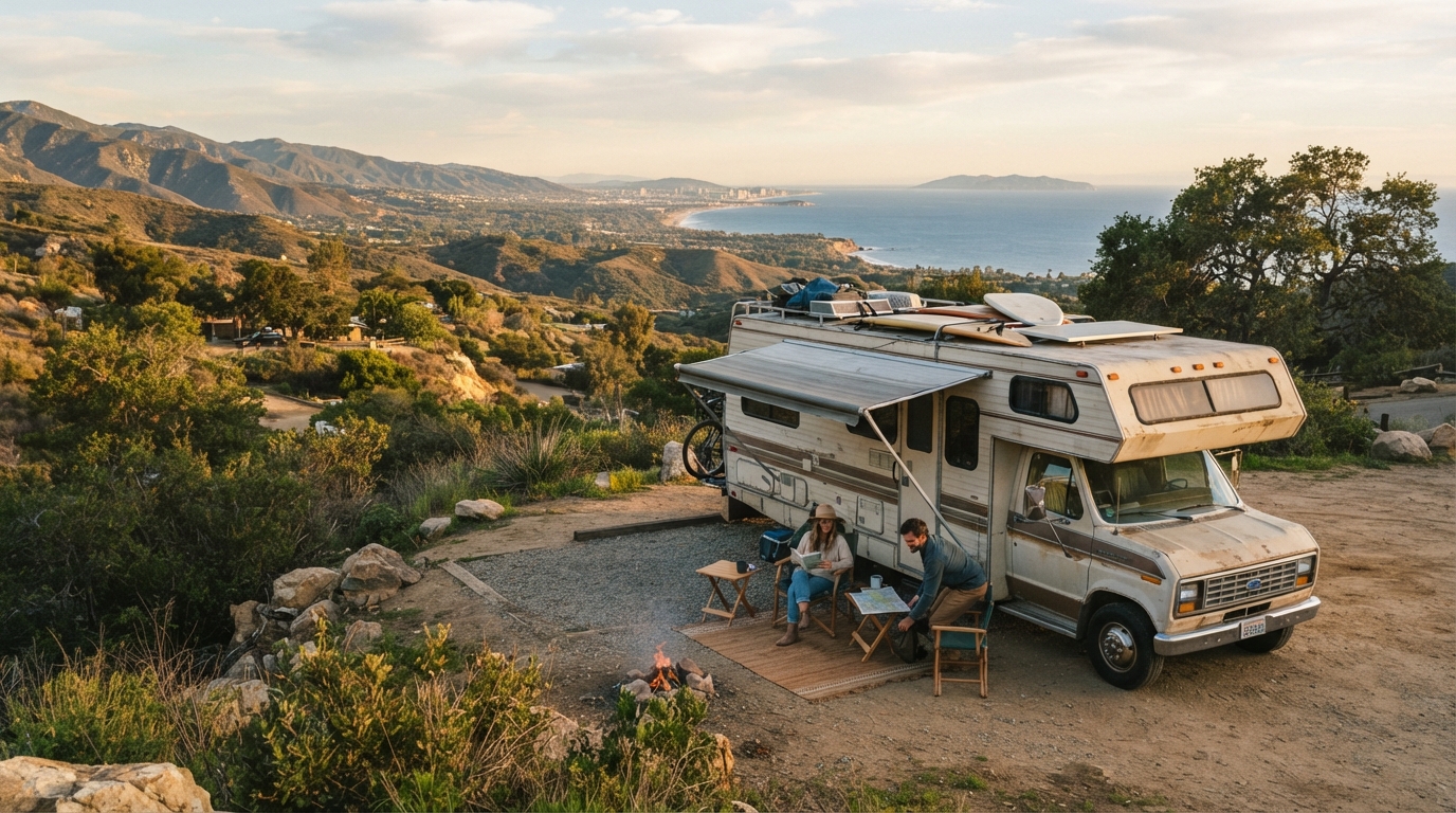 Los Angeles to Austin — campground with a motorhome