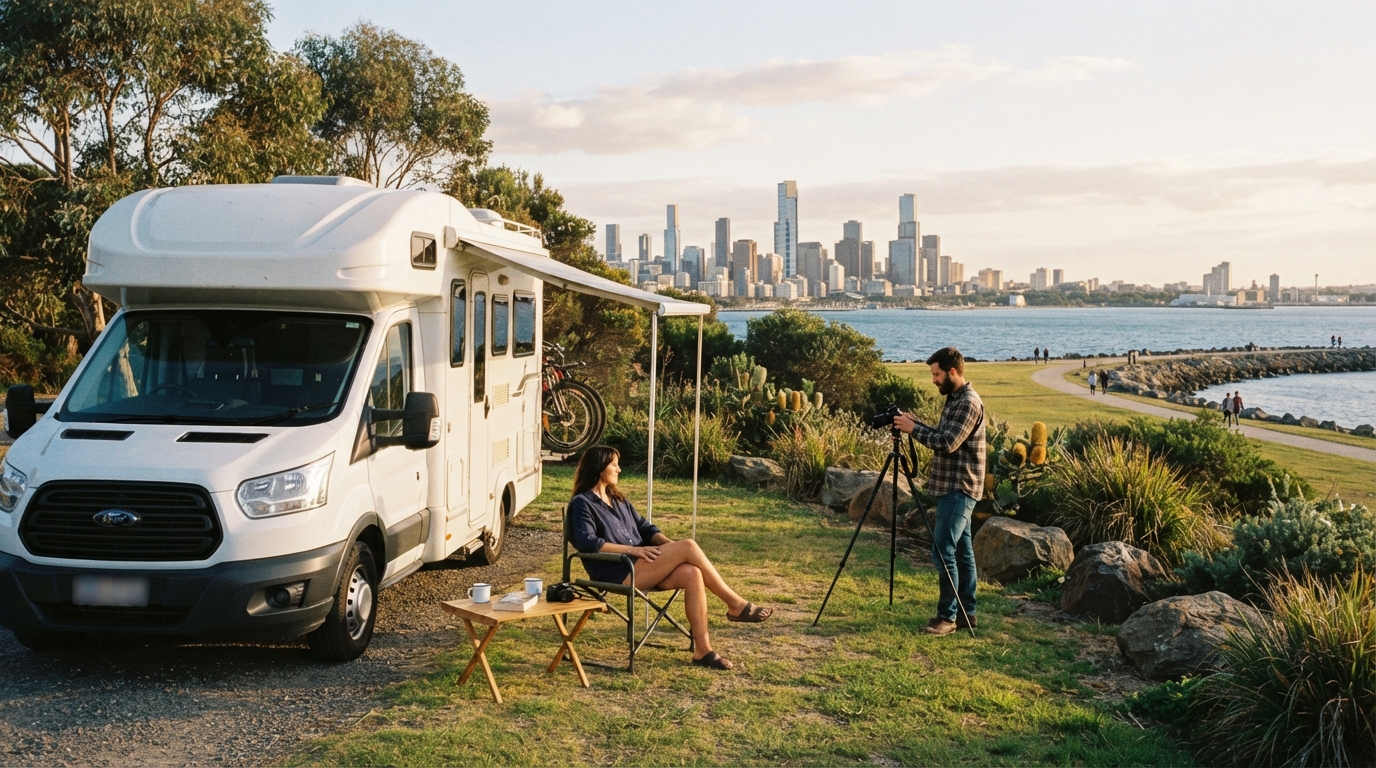 Melbourne to Darwin - Australia’s Heartline Road Trip — campground with a motorhome