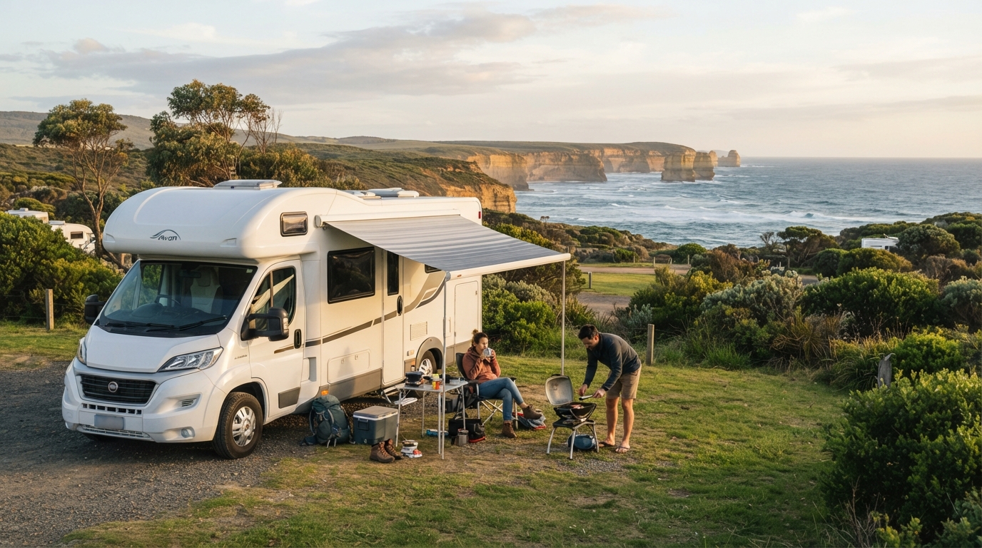 Melbourne Roundtrip - The Great Ocean Loop: Coastlines, Caves, and Countryside — campground with a motorhome