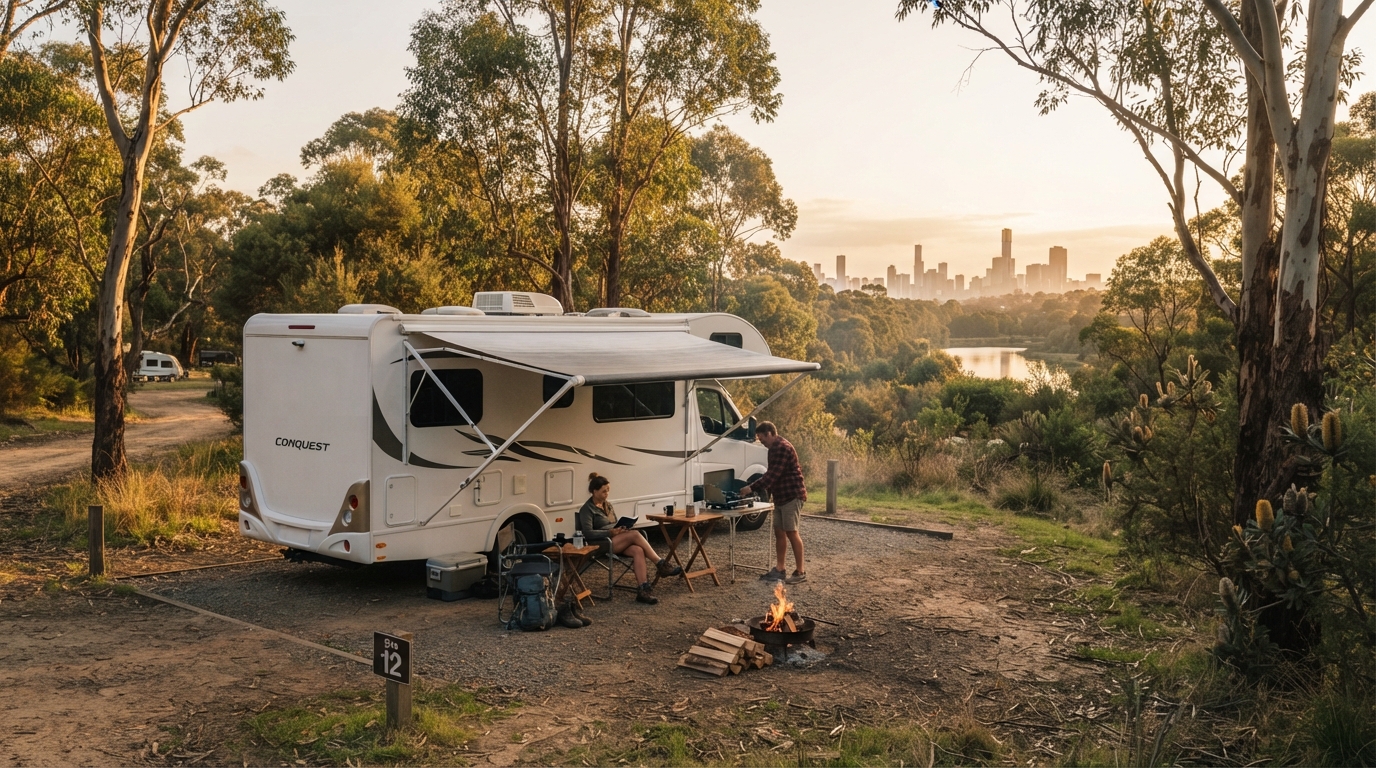 Melbourne to Perth — campground with a motorhome