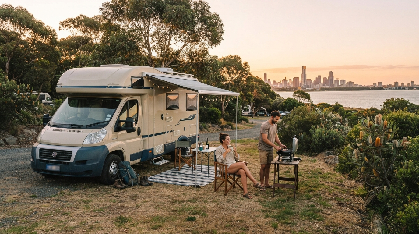 Melbourne to Brisbane - Beachside Explorer Route — campground with a motorhome