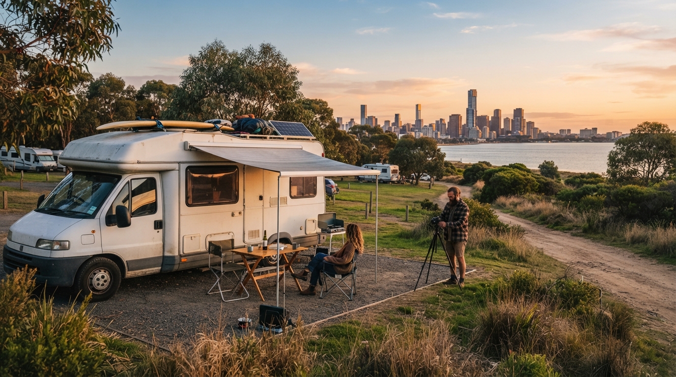 Melbourne to Brisbane - Beachside Explorer Route — campground with a motorhome