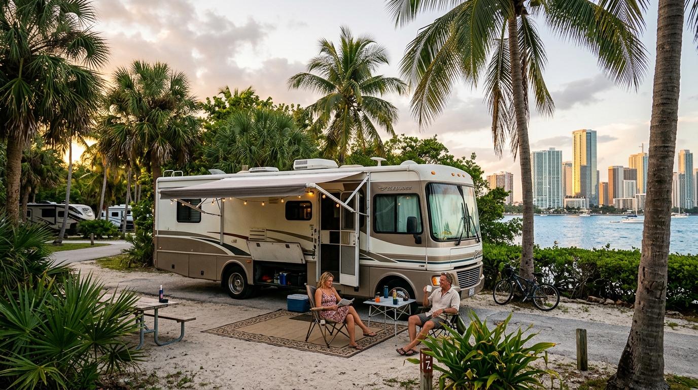 Miami to Portland- Coast to Cascades epic RV Adventure — campground with a motorhome