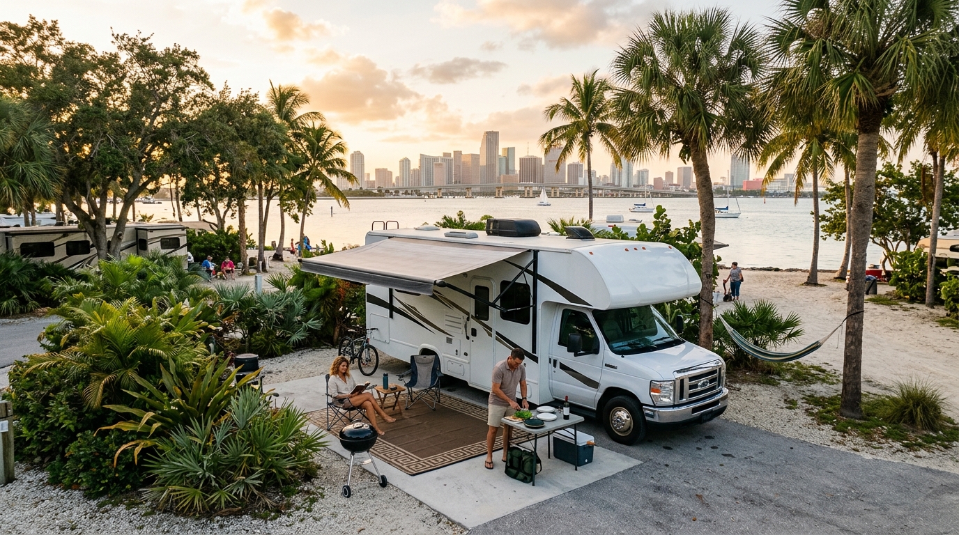Miami to San Francisco — campground with a motorhome