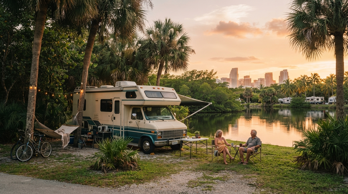 Miami to Austin — campground with a motorhome