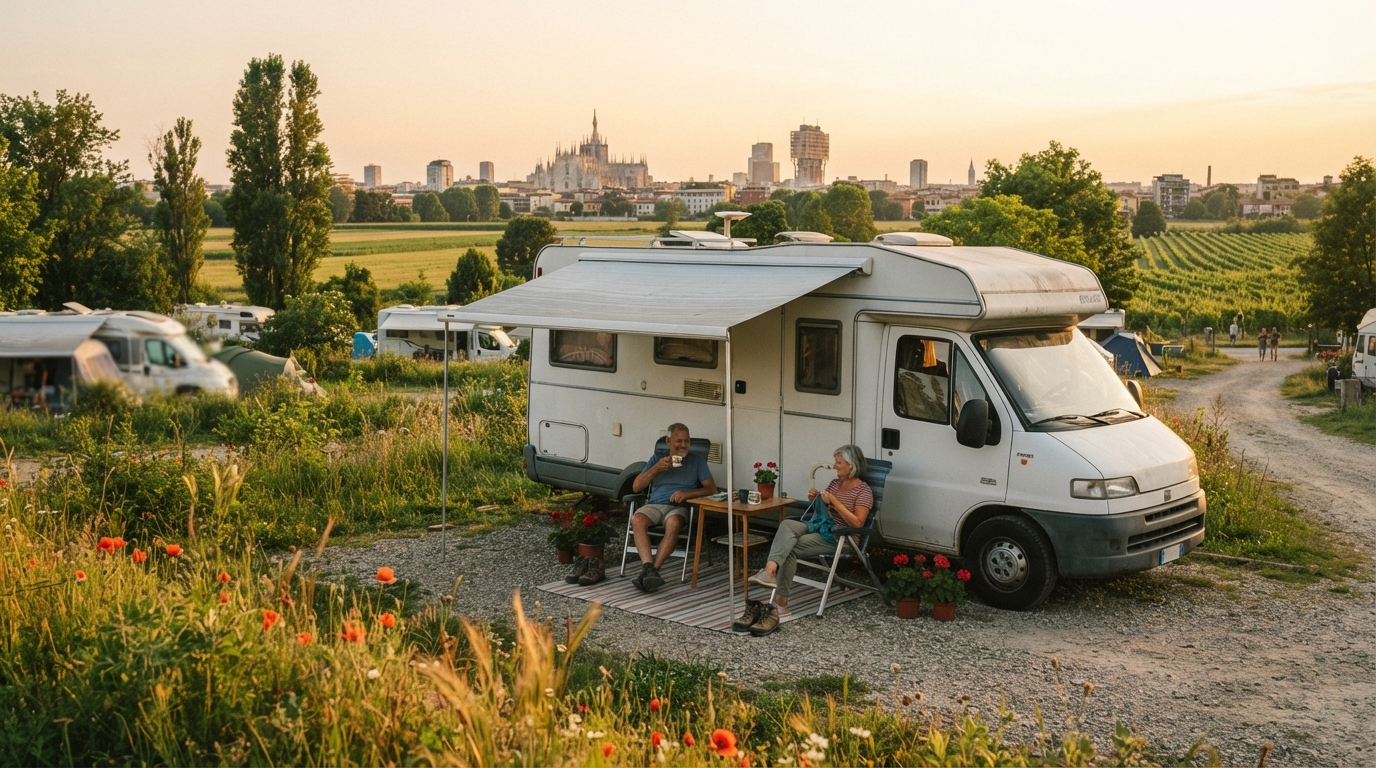 Milano Round Trip - Lake Garda and Limestone Spires — campground with a motorhome