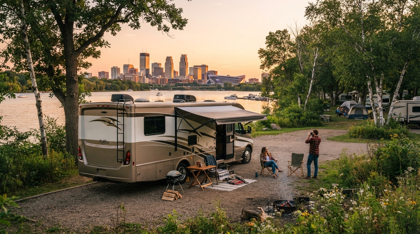 Minneapolis to Austin — campground with a motorhome