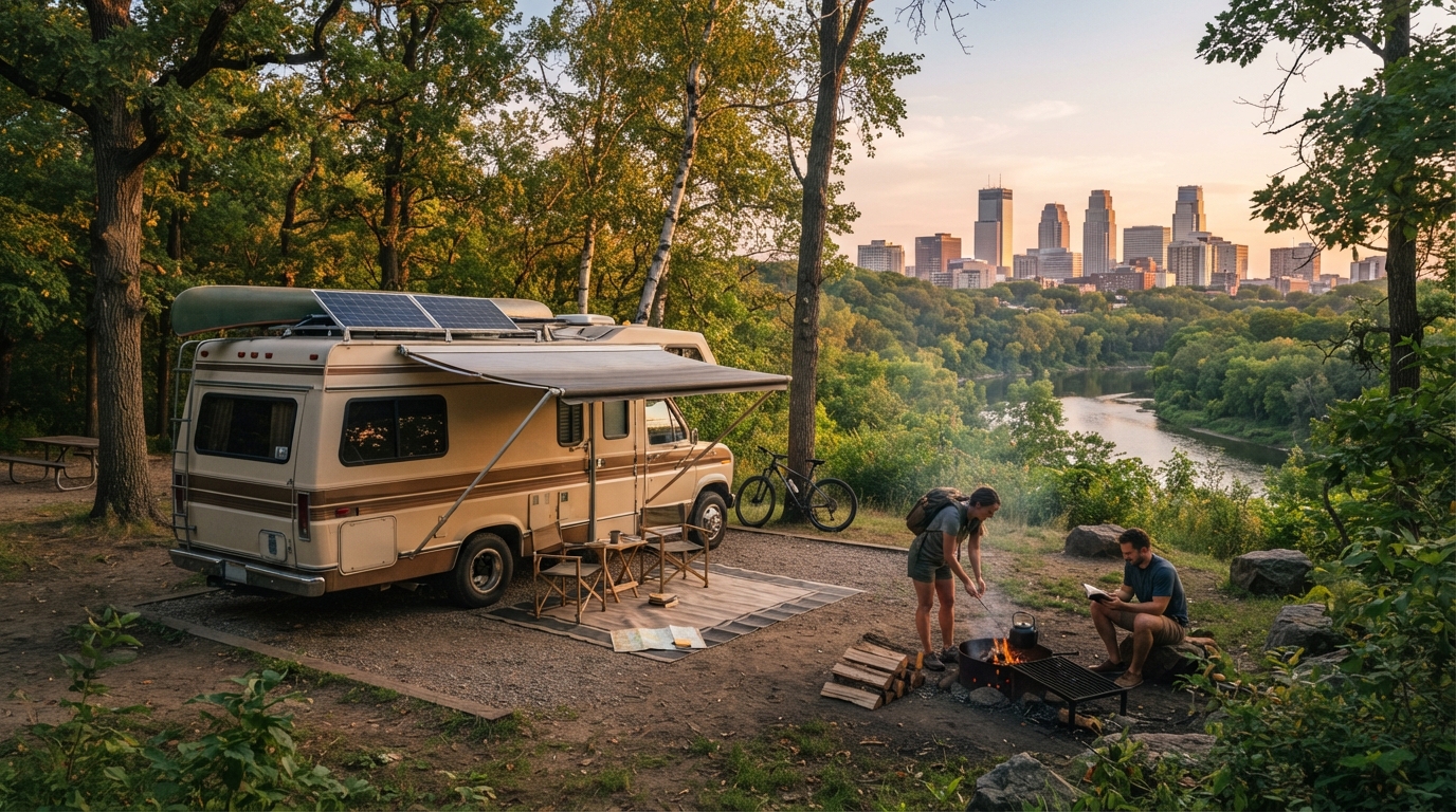 Minneapolis to Denver — campground with a motorhome