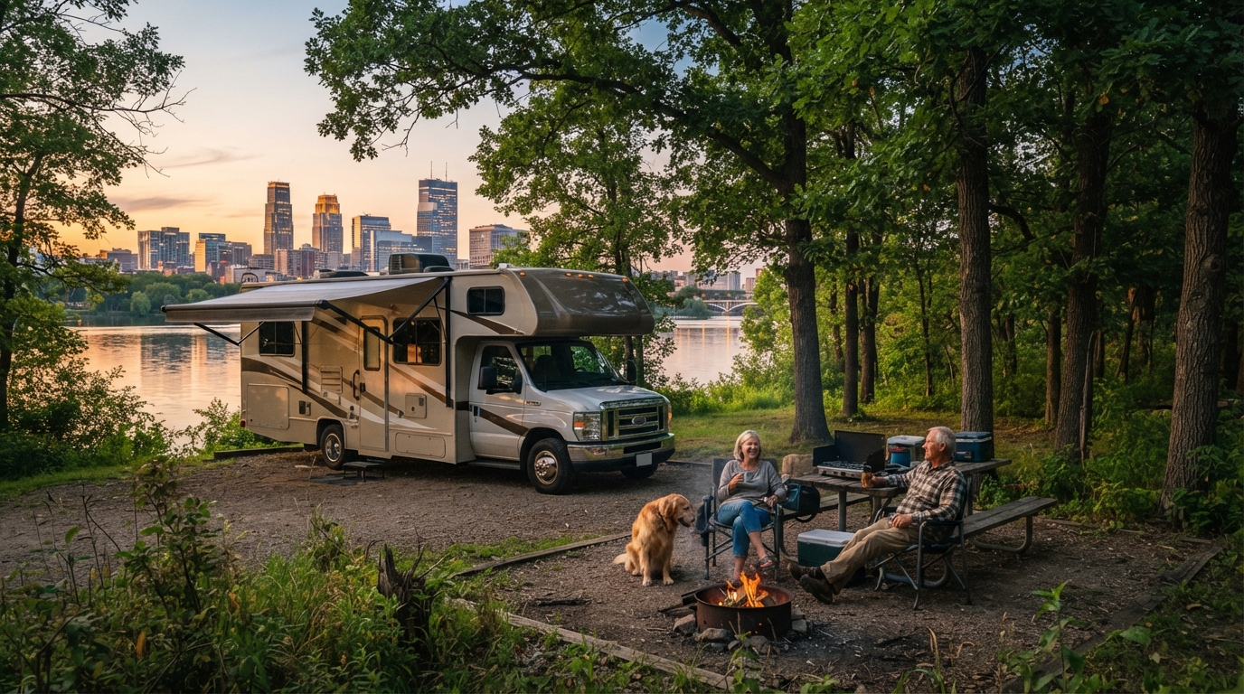 Minneapolis to New Orleans - Great River Road — campground with a motorhome
