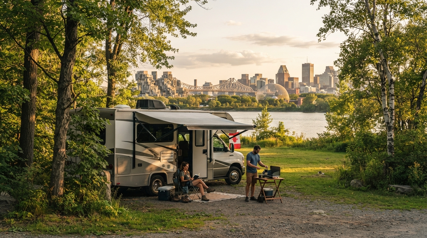 Montreal Roundtrip - Whales, Fjords, and French Fortresses — campground with a motorhome